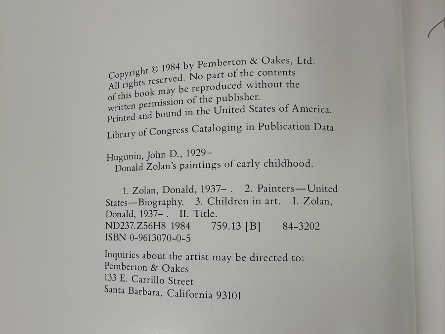 Signed First Edition Hardcover Book Donald Zolan's Paintings Of Early Childhood By John D. Hungunin Signed By Donald Zolan 1984 [Photo 11]
