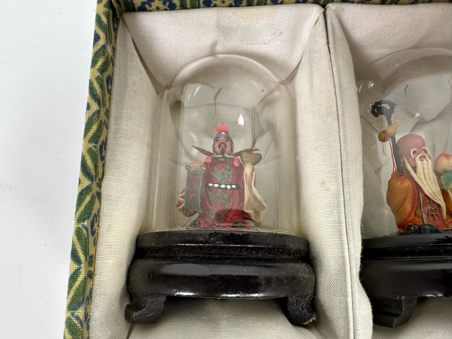 Vintage Chinese Miniature Statues Of Sanxing Gods Fu, Lu, Shou Set Under Glass Domes 3H With Box [Photo 13]