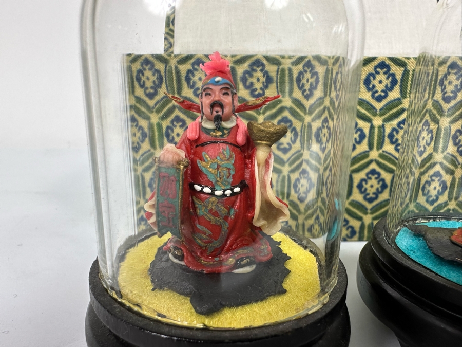 Vintage Chinese Miniature Statues Of Sanxing Gods Fu, Lu, Shou Set Under Glass Domes 3H With Box [Photo 5]