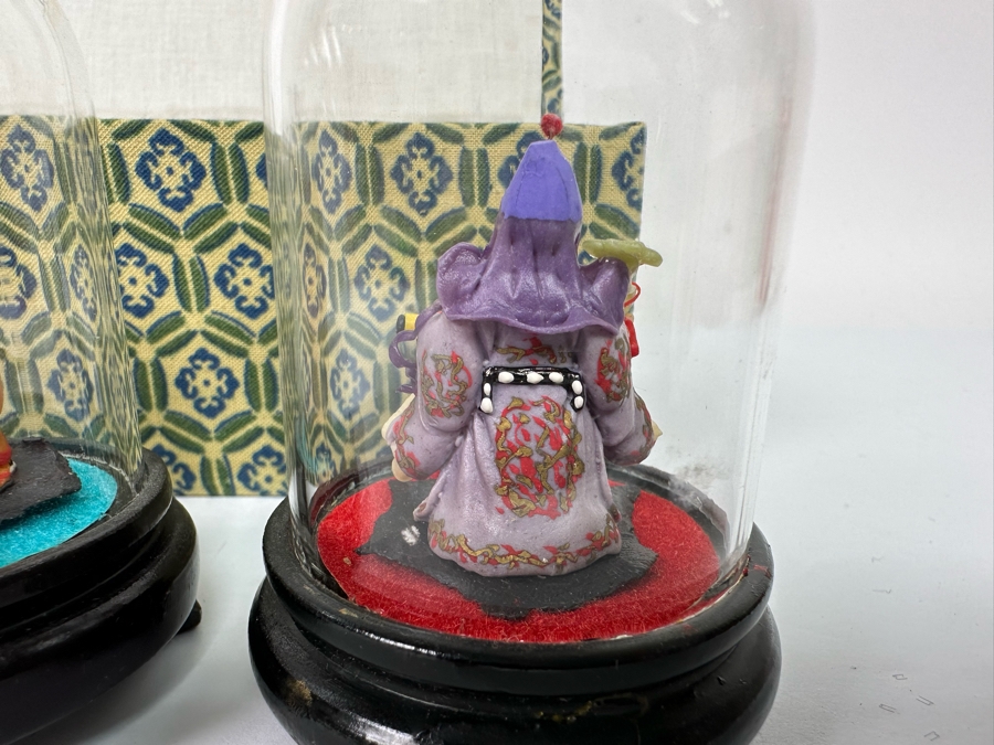 Vintage Chinese Miniature Statues Of Sanxing Gods Fu, Lu, Shou Set Under Glass Domes 3H With Box [Photo 10]