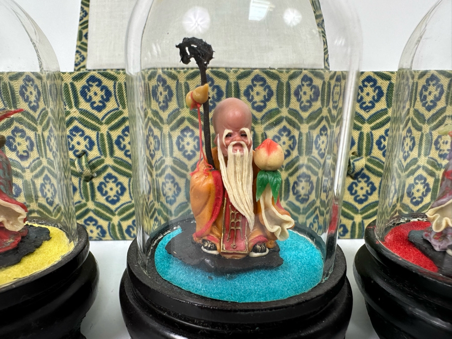 Vintage Chinese Miniature Statues Of Sanxing Gods Fu, Lu, Shou Set Under Glass Domes 3H With Box [Photo 4]