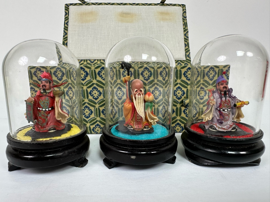Vintage Chinese Miniature Statues Of Sanxing Gods Fu, Lu, Shou Set Under Glass Domes 3H With Box [Photo 2]