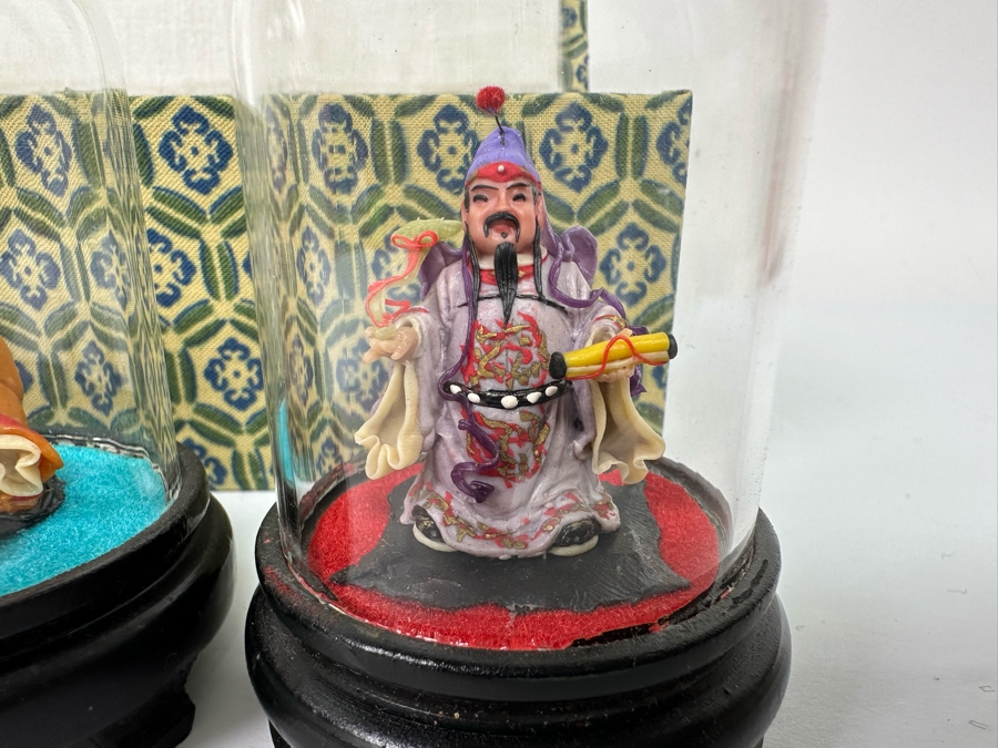 Vintage Chinese Miniature Statues Of Sanxing Gods Fu, Lu, Shou Set Under Glass Domes 3H With Box [Photo 6]