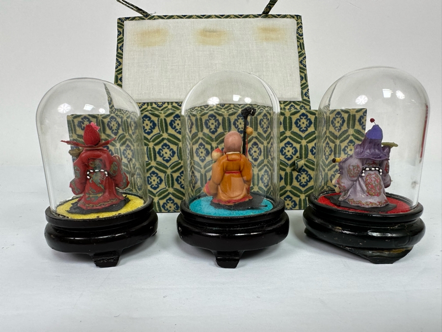 Vintage Chinese Miniature Statues Of Sanxing Gods Fu, Lu, Shou Set Under Glass Domes 3H With Box [Photo 7]