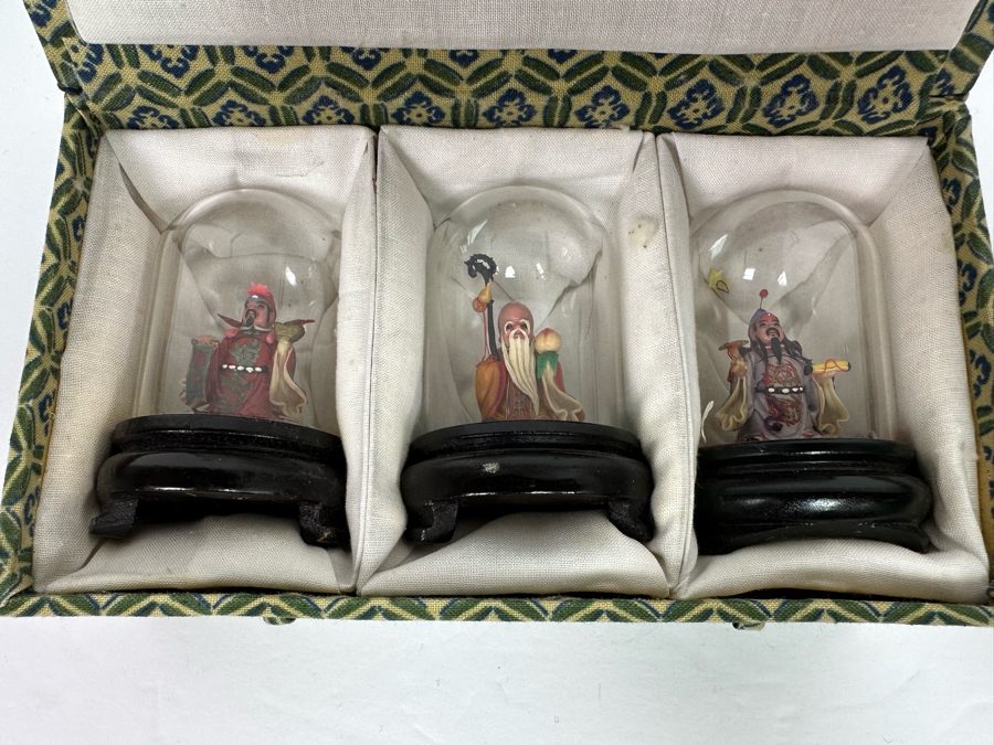 Vintage Chinese Miniature Statues Of Sanxing Gods Fu, Lu, Shou Set Under Glass Domes 3H With Box [Photo 12]