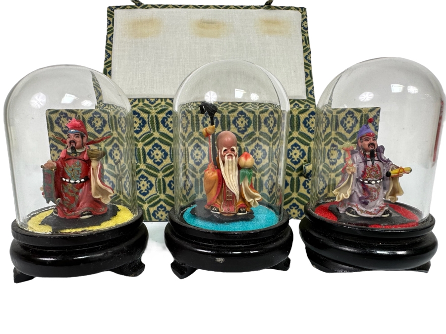 Vintage Chinese Miniature Statues Of Sanxing Gods Fu, Lu, Shou Set Under Glass Domes 3H With Box [Photo 1]