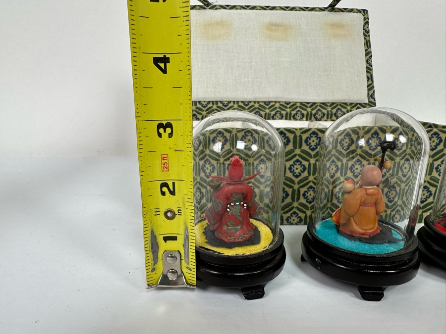 Vintage Chinese Miniature Statues Of Sanxing Gods Fu, Lu, Shou Set Under Glass Domes 3H With Box [Photo 16]