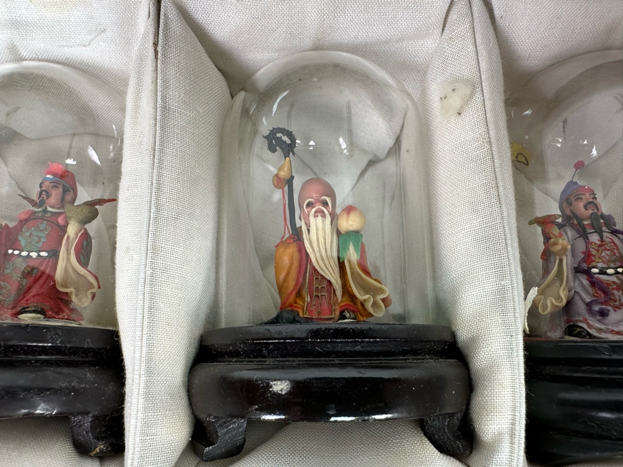 Vintage Chinese Miniature Statues Of Sanxing Gods Fu, Lu, Shou Set Under Glass Domes 3H With Box [Photo 14]