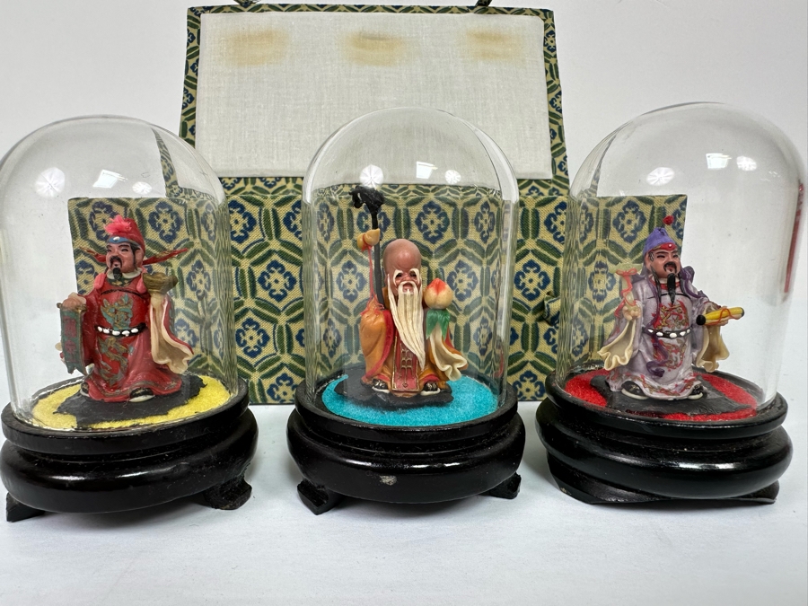 Vintage Chinese Miniature Statues Of Sanxing Gods Fu, Lu, Shou Set Under Glass Domes 3H With Box [Photo 3]