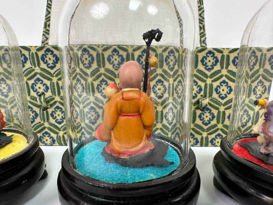 Vintage Chinese Miniature Statues Of Sanxing Gods Fu, Lu, Shou Set Under Glass Domes 3H With Box [Photo 9]