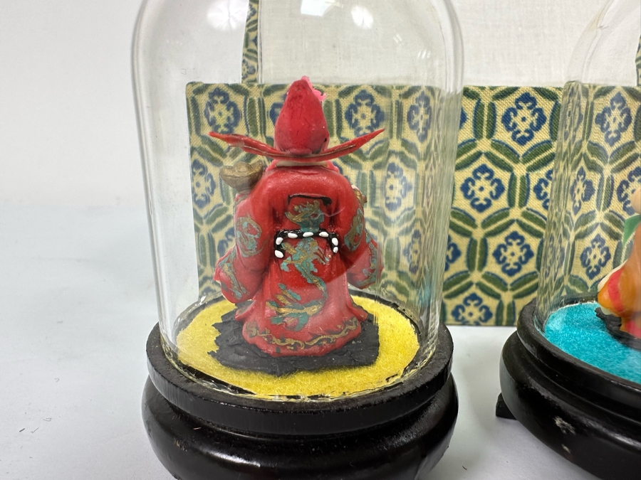 Vintage Chinese Miniature Statues Of Sanxing Gods Fu, Lu, Shou Set Under Glass Domes 3H With Box [Photo 8]