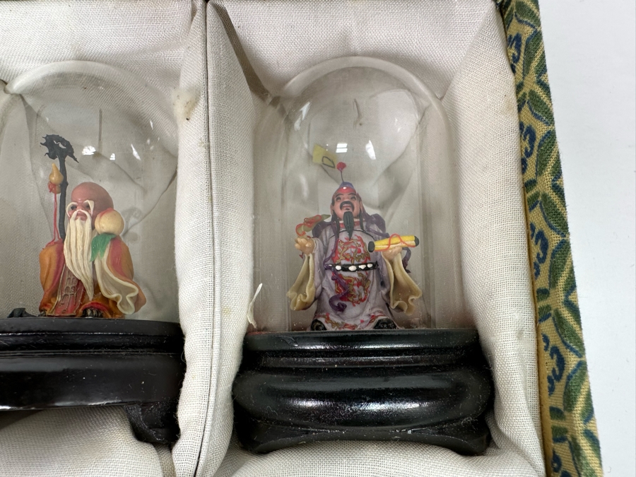 Vintage Chinese Miniature Statues Of Sanxing Gods Fu, Lu, Shou Set Under Glass Domes 3H With Box [Photo 15]