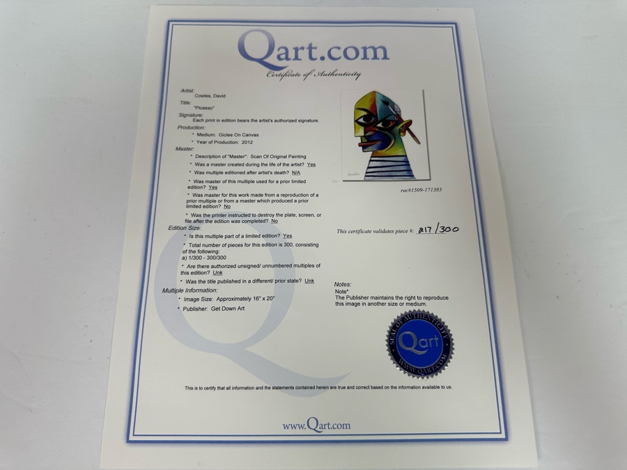 David Cowles (B. 1961, American) Signed Limited Edition Caricature Canvas Print Titled Pablo Picasso 2012 Numbered 217 Of 300 16 X 20 [Photo 10]