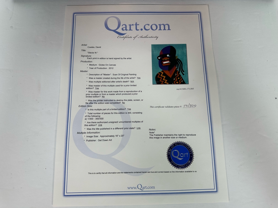 David Cowles (B. 1961, American) Signed Limited Edition Caricature Canvas Print Titled Stevie Wonder 2012 Numbered 171 Of 300 16 X 20 [Photo 9]