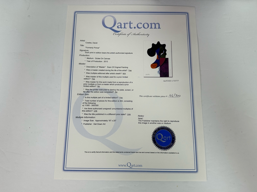 David Cowles (B. 1961, American) Signed Limited Edition Caricature Canvas Print Titled Formerly Prince 2012 Numbered 166 Of 300 16 X 20 [Photo 10]