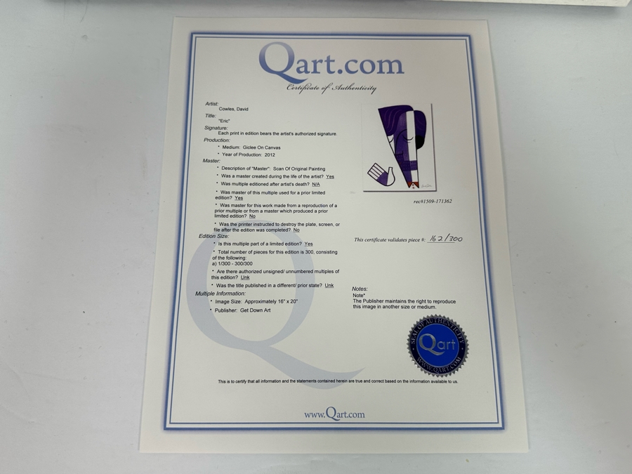 David Cowles (B. 1961, American) Signed Limited Edition Caricature Canvas Print Titled Eric Clapton 2012 Numbered 162 Of 300 16 X 20 [Photo 8]