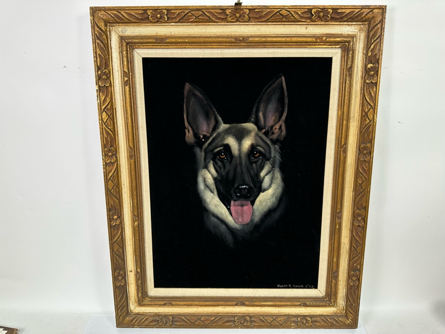 Ralph B. Baker Original Oil Painting On Black Velvet Of A German Shepherd Dog 18 X 24 Framed 25.5 X 32 Dated 1969 [Photo 4]