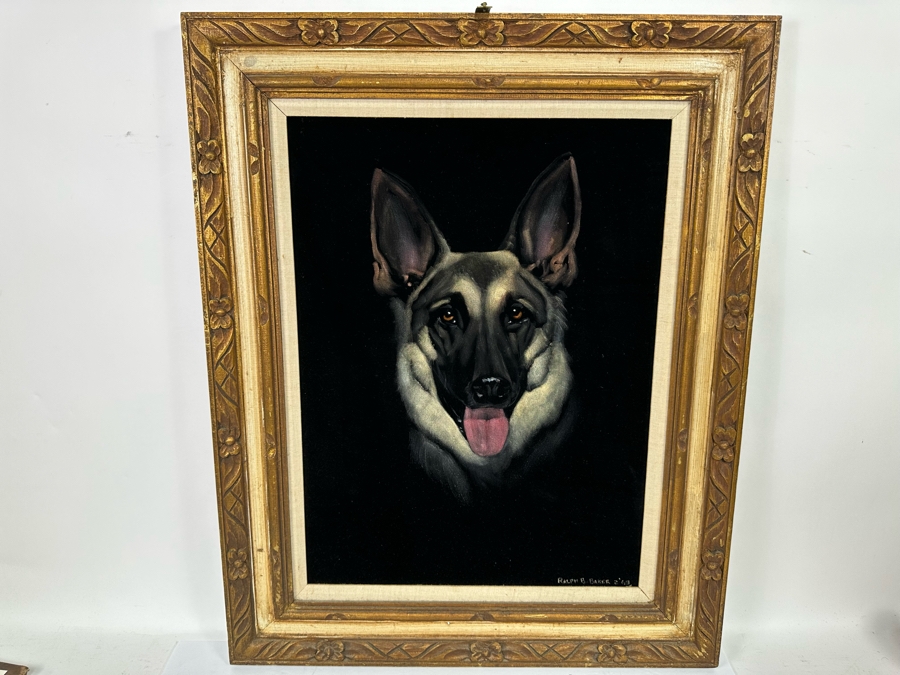 Ralph B. Baker Original Oil Painting On Black Velvet Of A German Shepherd Dog 18 X 24 Framed 25.5 X 32 Dated 1969 [Photo 3]