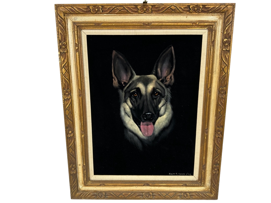 Ralph B. Baker Original Oil Painting On Black Velvet Of A German Shepherd Dog 18 X 24 Framed 25.5 X 32 Dated 1969 [Photo 2]