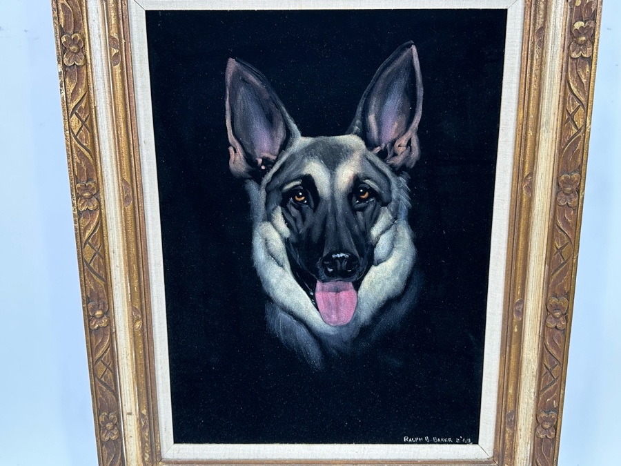 Ralph B. Baker Original Oil Painting On Black Velvet Of A German Shepherd Dog 18 X 24 Framed 25.5 X 32 Dated 1969 [Photo 6]