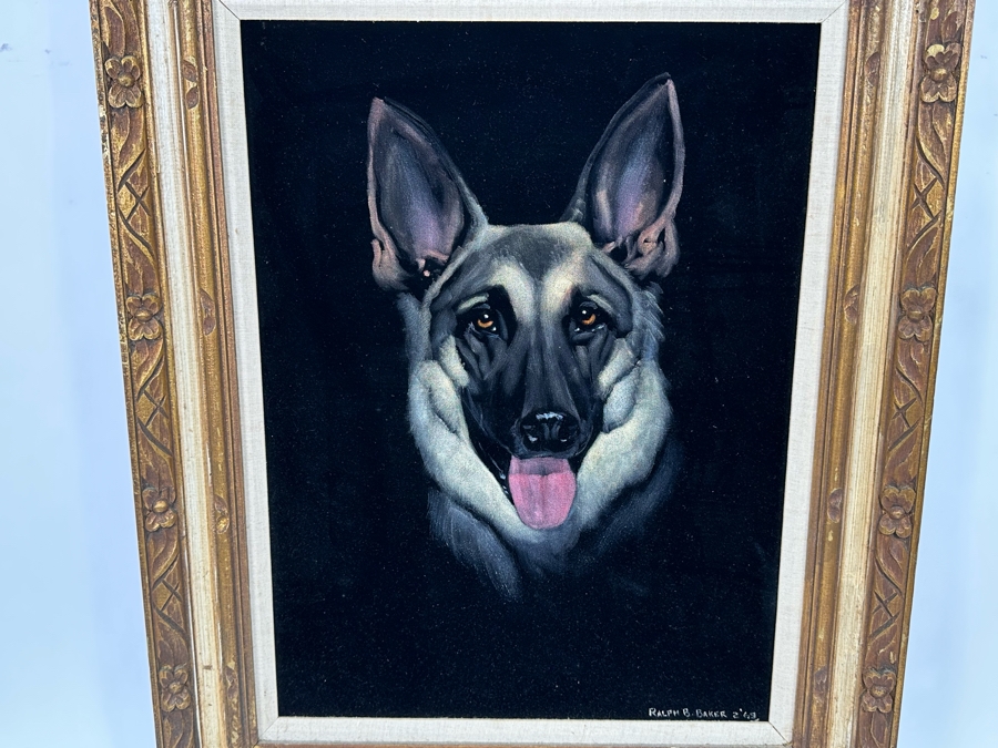 Ralph B. Baker Original Oil Painting On Black Velvet Of A German Shepherd Dog 18 X 24 Framed 25.5 X 32 Dated 1969 [Photo 5]