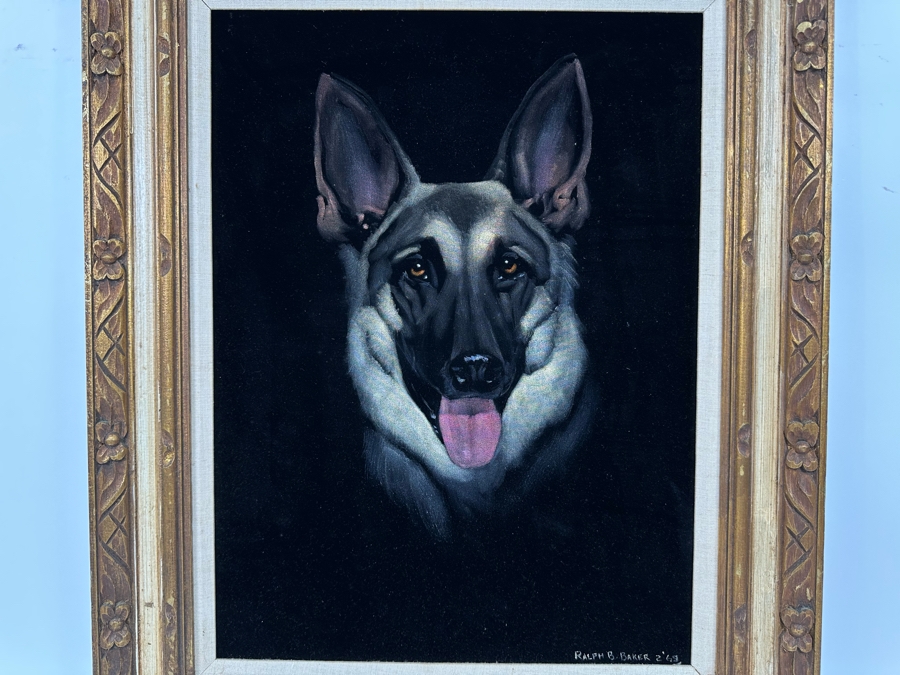 Ralph B. Baker Original Oil Painting On Black Velvet Of A German Shepherd Dog 18 X 24 Framed 25.5 X 32 Dated 1969 [Photo 8]