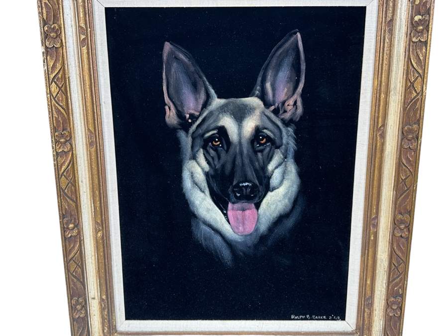 Ralph B. Baker Original Oil Painting On Black Velvet Of A German Shepherd Dog 18 X 24 Framed 25.5 X 32 Dated 1969 [Photo 1]