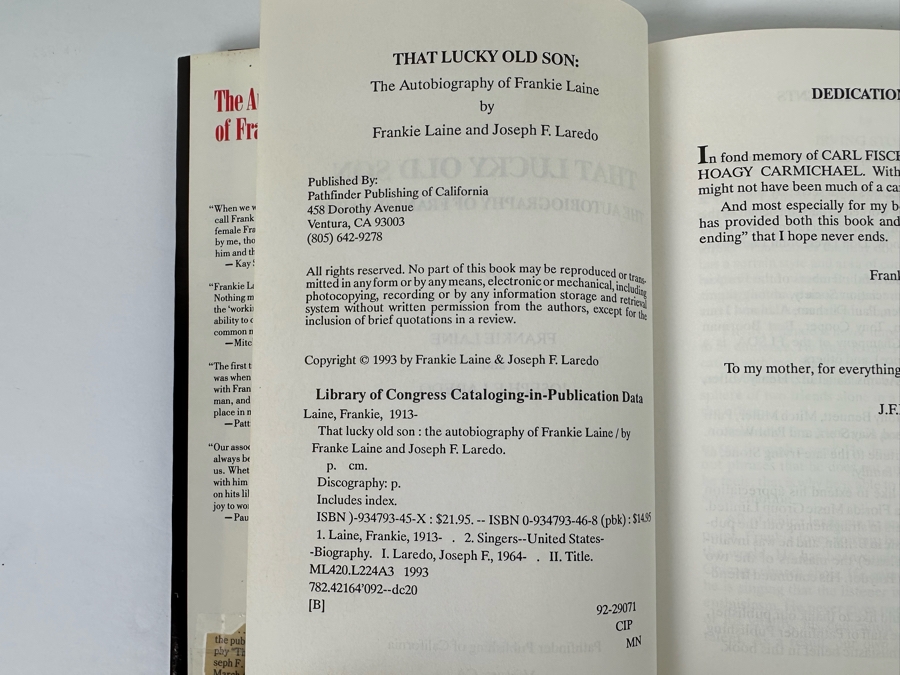 Signed First Edition Hardcover Book That Lucky Old Son: The Autobiography Of Frankie Laine Signed By Frankie Laine [Photo 8]