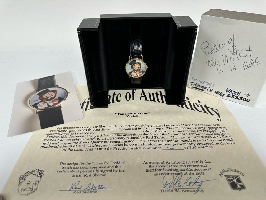 14K Gold Hand Personally Signed By Red Skelton Limited Edition 'Time For Freddie' Wrist Watch With Original Box Numbered 52 Of 500 With Signed Red Skelton Certificate Of Authenticity [Photo 6]