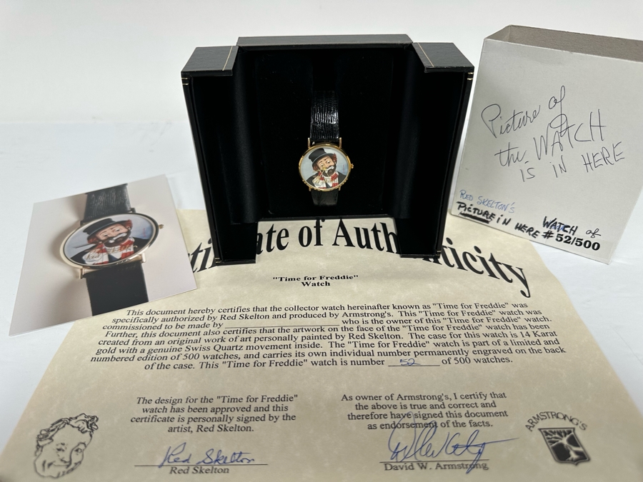 14K Gold Hand Personally Signed By Red Skelton Limited Edition 'Time For Freddie' Wrist Watch With Original Box Numbered 52 Of 500 With Signed Red Skelton Certificate Of Authenticity [Photo 5]