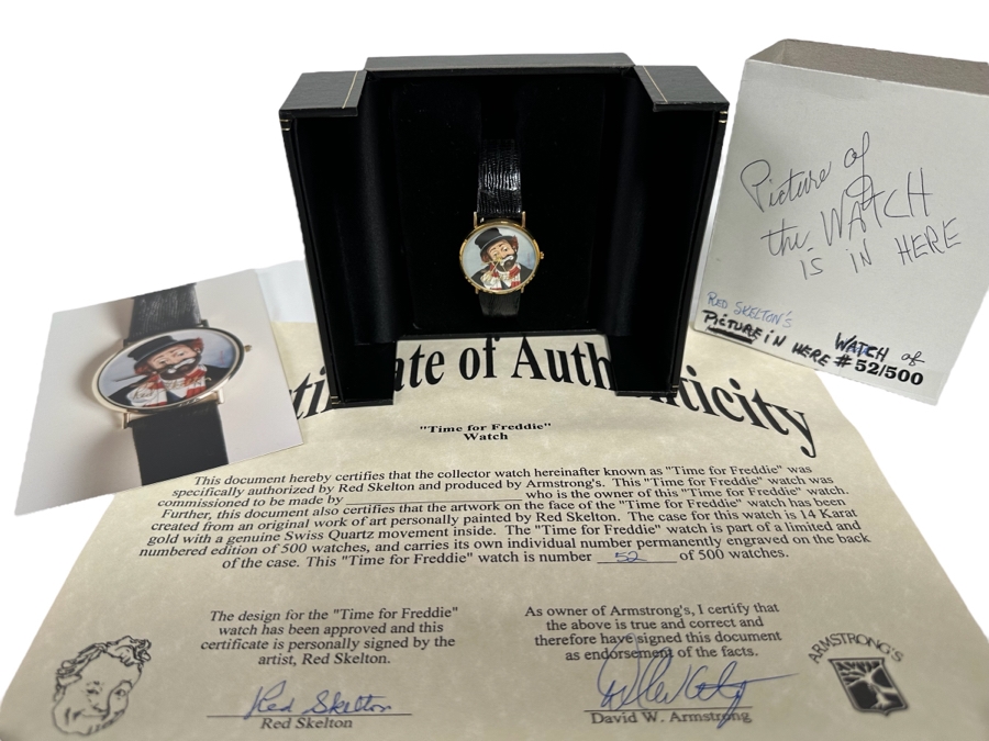 14K Gold Hand Personally Signed By Red Skelton Limited Edition 'Time For Freddie' Wrist Watch With Original Box Numbered 52 Of 500 With Signed Red Skelton Certificate Of Authenticity [Photo 3]