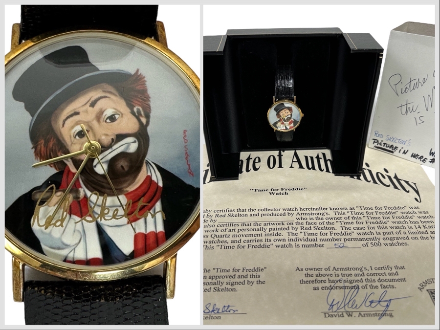 14K Gold Hand Personally Signed By Red Skelton Limited Edition 'Time For Freddie' Wrist Watch With Original Box Numbered 52 Of 500 With Signed Red Skelton Certificate Of Authenticity