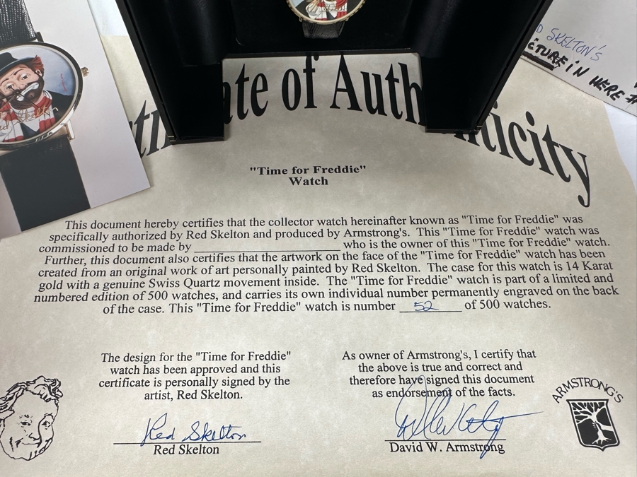 14K Gold Hand Personally Signed By Red Skelton Limited Edition 'Time For Freddie' Wrist Watch With Original Box Numbered 52 Of 500 With Signed Red Skelton Certificate Of Authenticity [Photo 7]