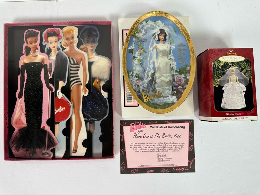 Barbie Wedding Day Hallmark Keepsake Ornament 1997, Barbie Glamour Dream Collection Greeting Cards 1994 & Limited Edition From Barbie With Love Here Comes The Bride, 1966 Collector's Plate By Enesco With Box And Cert 1995 [Photo 3]