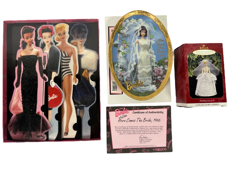 Barbie Wedding Day Hallmark Keepsake Ornament 1997, Barbie Glamour Dream Collection Greeting Cards 1994 & Limited Edition From Barbie With Love Here Comes The Bride, 1966 Collector's Plate By Enesco With Box And Cert 1995 [Photo 1]