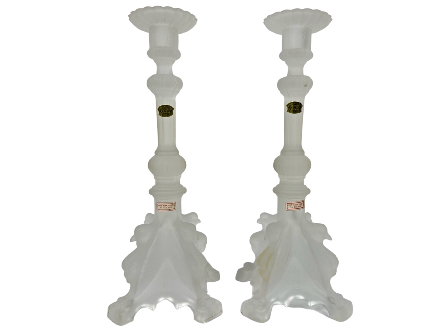 Pair Of Vintage Frosted Crystal Candlesticks Manchester By Val Saint Lambert Belgium With Bird Motif And Original Tags 11H Retails $400 [Photo 1]