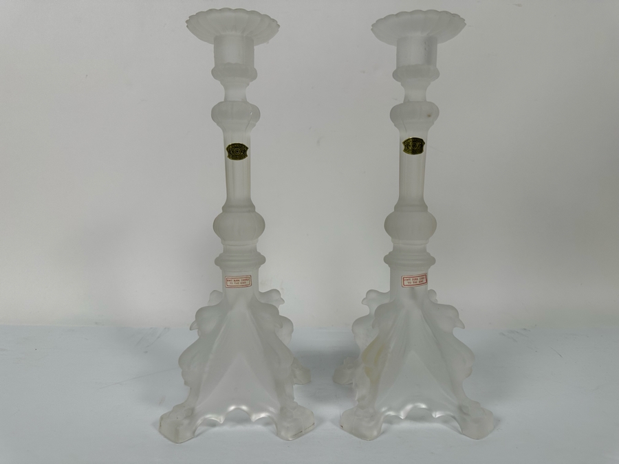 Pair Of Vintage Frosted Crystal Candlesticks Manchester By Val Saint Lambert Belgium With Bird Motif And Original Tags 11H Retails $400 [Photo 4]