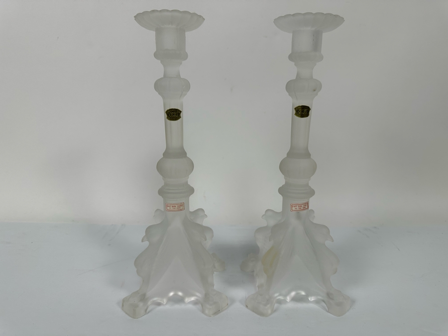 Pair Of Vintage Frosted Crystal Candlesticks Manchester By Val Saint Lambert Belgium With Bird Motif And Original Tags 11H Retails $400 [Photo 3]