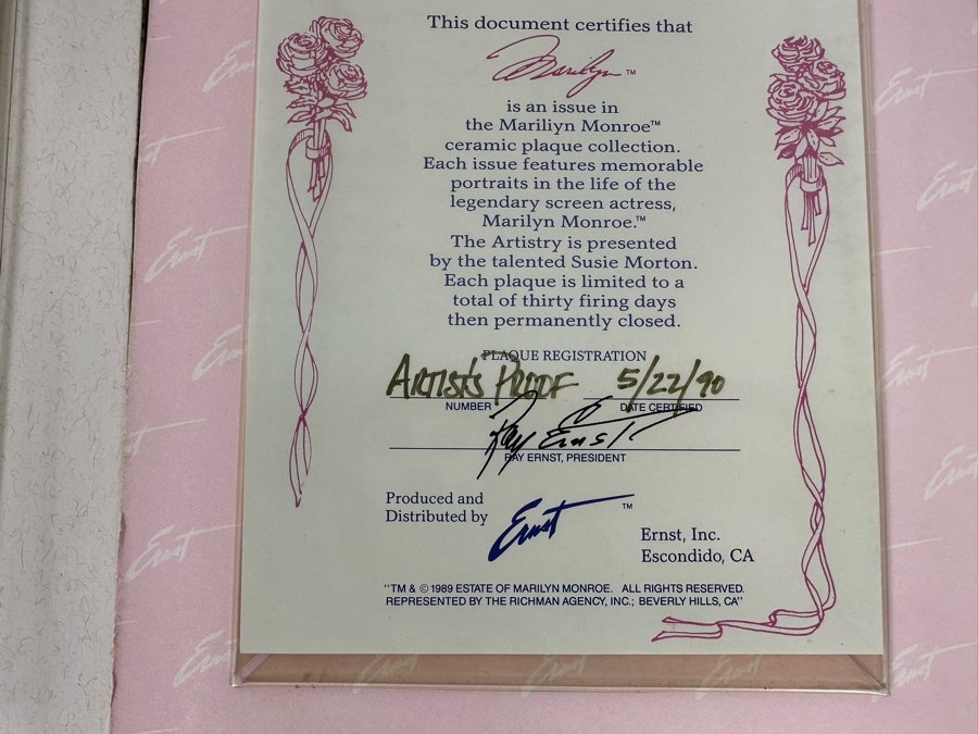 Set Of Three Marilyn Monroe Artist Proof Ceramic Plaques By Susan Morton / Ray Ernst 1990/91 With Certificates Of Authenticity 9 X 6 [Photo 15]