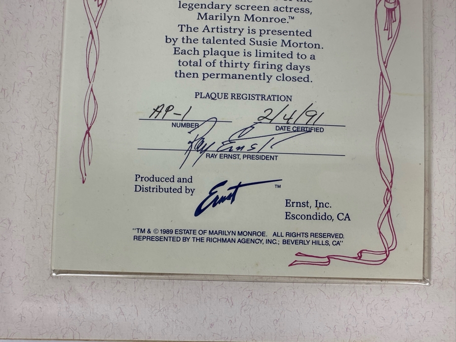 Set Of Three Marilyn Monroe Artist Proof Ceramic Plaques By Susan Morton / Ray Ernst 1990/91 With Certificates Of Authenticity 9 X 6 [Photo 17]