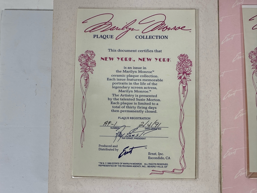 Set Of Three Marilyn Monroe Artist Proof Ceramic Plaques By Susan Morton / Ray Ernst 1990/91 With Certificates Of Authenticity 9 X 6 [Photo 16]