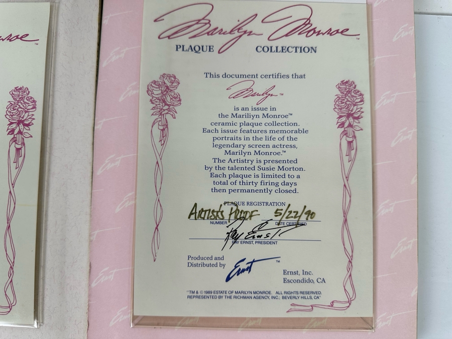 Set Of Three Marilyn Monroe Artist Proof Ceramic Plaques By Susan Morton / Ray Ernst 1990/91 With Certificates Of Authenticity 9 X 6 [Photo 14]
