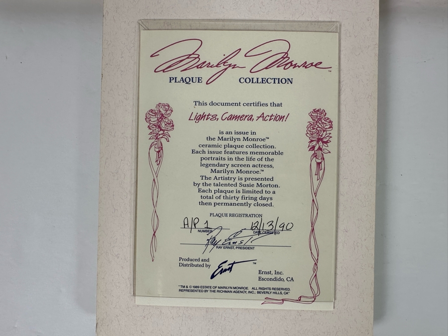 Set Of Three Marilyn Monroe Artist Proof Ceramic Plaques By Susan Morton / Ray Ernst 1990/91 With Certificates Of Authenticity 9 X 6 [Photo 18]