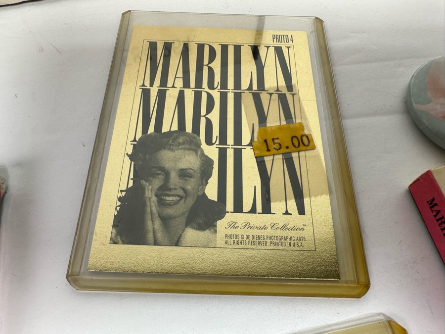 Marilyn Monroe Collectibles Featuring First Day Stamp Covers, Mint Set Of 1993 Marilyn Monroe Collector Cards By Sports Time Card Company, Pins, Paper Dolls And More - See Photos [Photo 16]