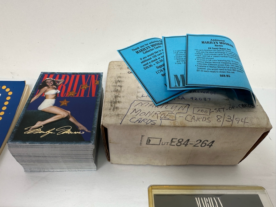 Marilyn Monroe Collectibles Featuring First Day Stamp Covers, Mint Set Of 1993 Marilyn Monroe Collector Cards By Sports Time Card Company, Pins, Paper Dolls And More - See Photos [Photo 10]