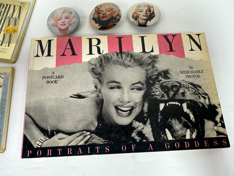 Marilyn Monroe Collectibles Featuring First Day Stamp Covers, Mint Set Of 1993 Marilyn Monroe Collector Cards By Sports Time Card Company, Pins, Paper Dolls And More - See Photos [Photo 21]