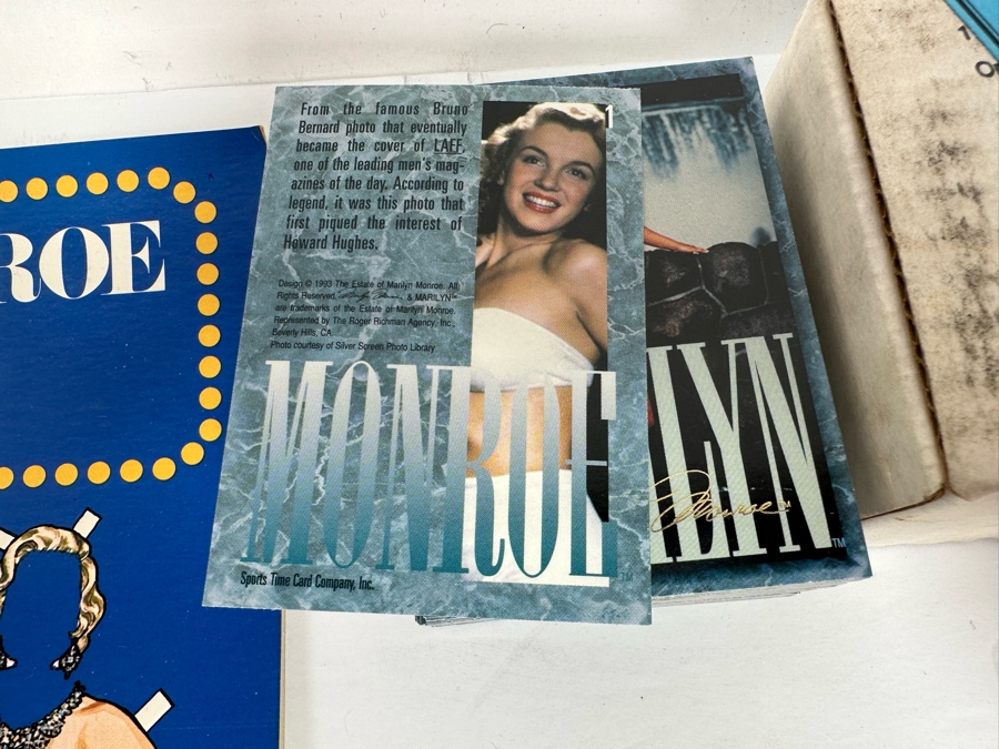 Marilyn Monroe Collectibles Featuring First Day Stamp Covers, Mint Set Of 1993 Marilyn Monroe Collector Cards By Sports Time Card Company, Pins, Paper Dolls And More - See Photos [Photo 12]