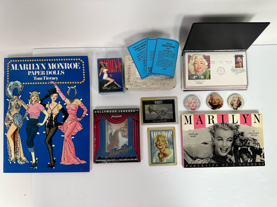 Marilyn Monroe Collectibles Featuring First Day Stamp Covers, Mint Set Of 1993 Marilyn Monroe Collector Cards By Sports Time Card Company, Pins, Paper Dolls And More - See Photos [Photo 3]