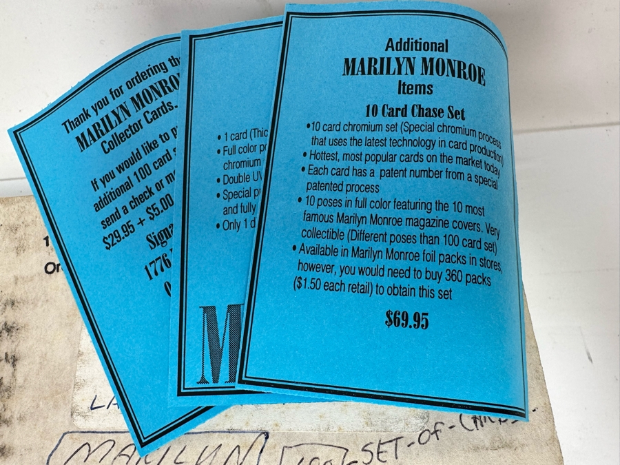 Marilyn Monroe Collectibles Featuring First Day Stamp Covers, Mint Set Of 1993 Marilyn Monroe Collector Cards By Sports Time Card Company, Pins, Paper Dolls And More - See Photos [Photo 14]