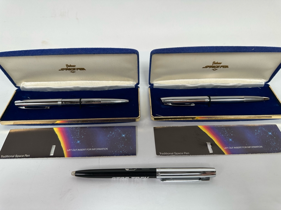 Set Of Three Fisher Space Pens - Two With Original Boxes - One Is A Star Trek Space Pen (Approved By NASA For Use In Outer Space) [Photo 3]
